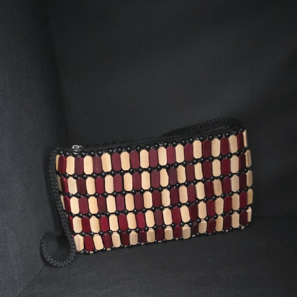 African Wooden Square Crossbody Purse in Natural and Burgundy - Picture 2 of 9